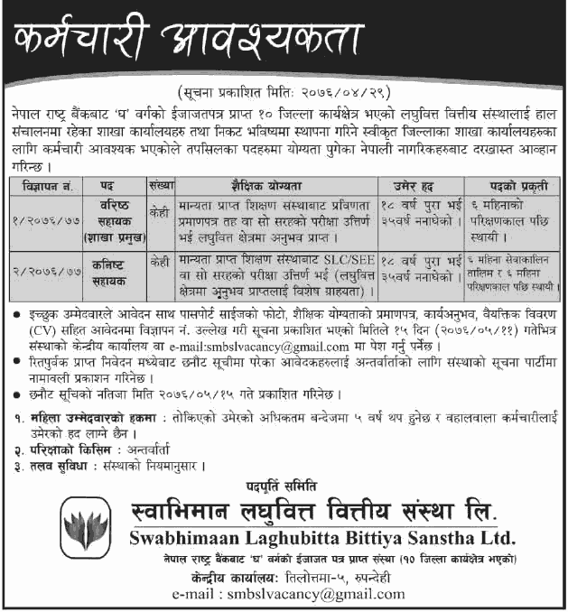 Swabhimaan Laghubitta Bittiya Sanstha Limited Vacancy