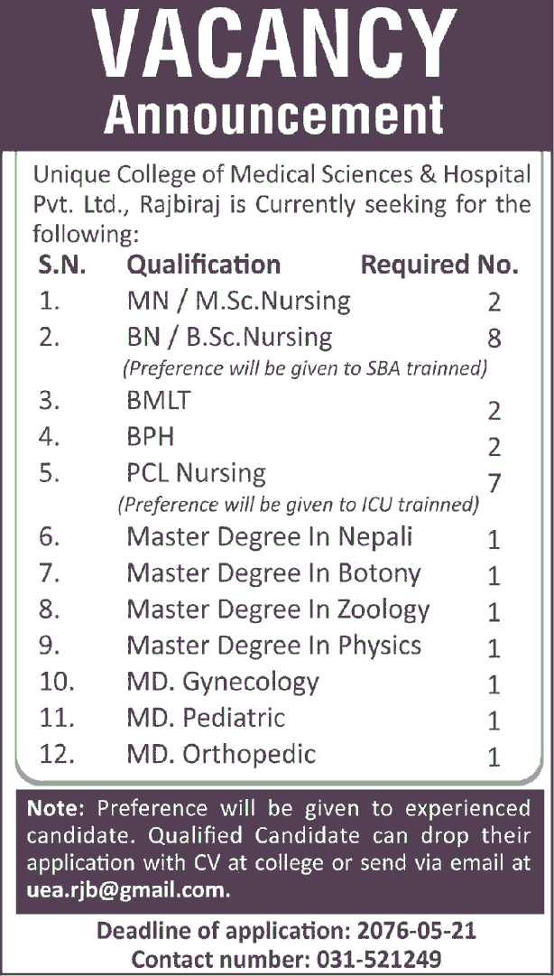 Unique College of Medical Sciences and Hospital Vacancy