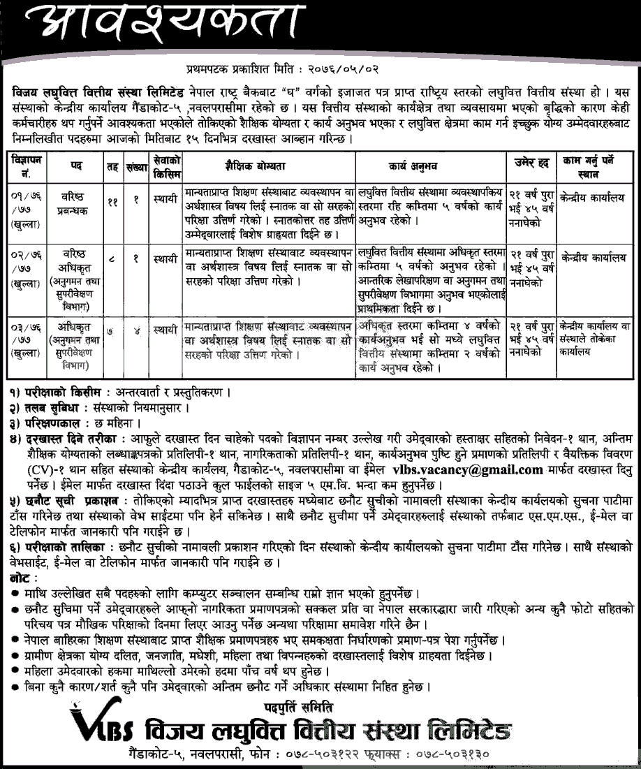 Vijaya Laghubitta Bittiya Sanstha Job Vacancy