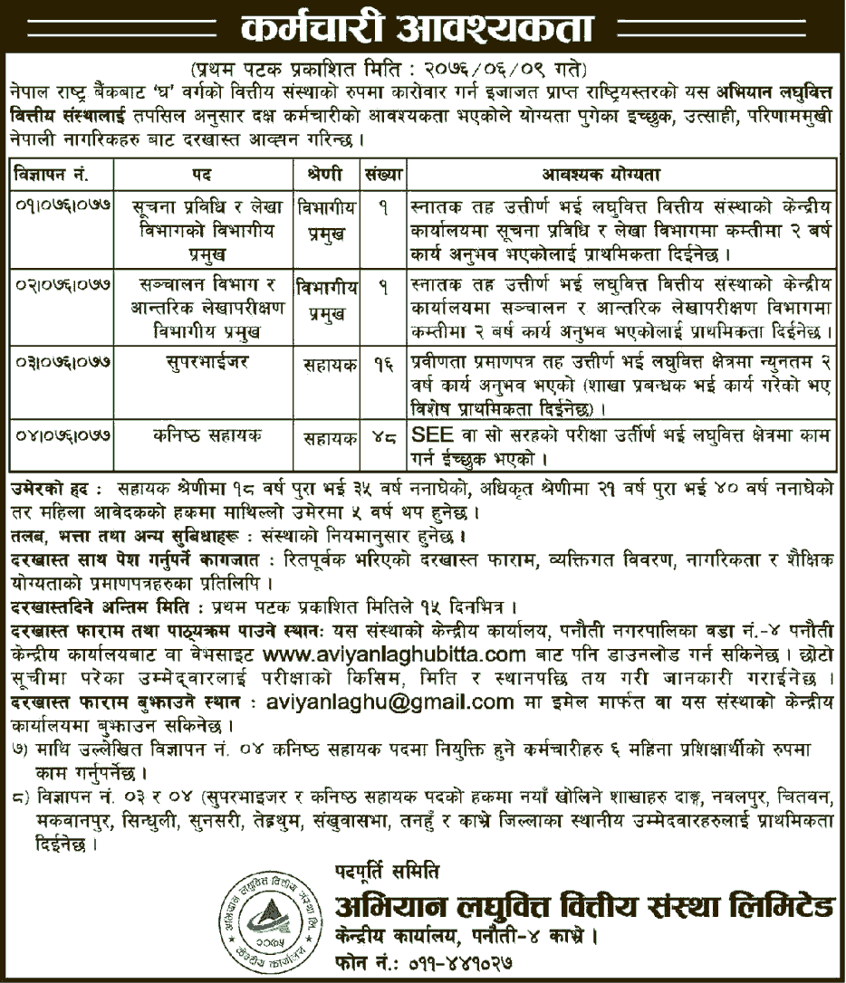 Abhiyan Laghubitta Bittiya Sanstha Limited Vacancy for Various Positions