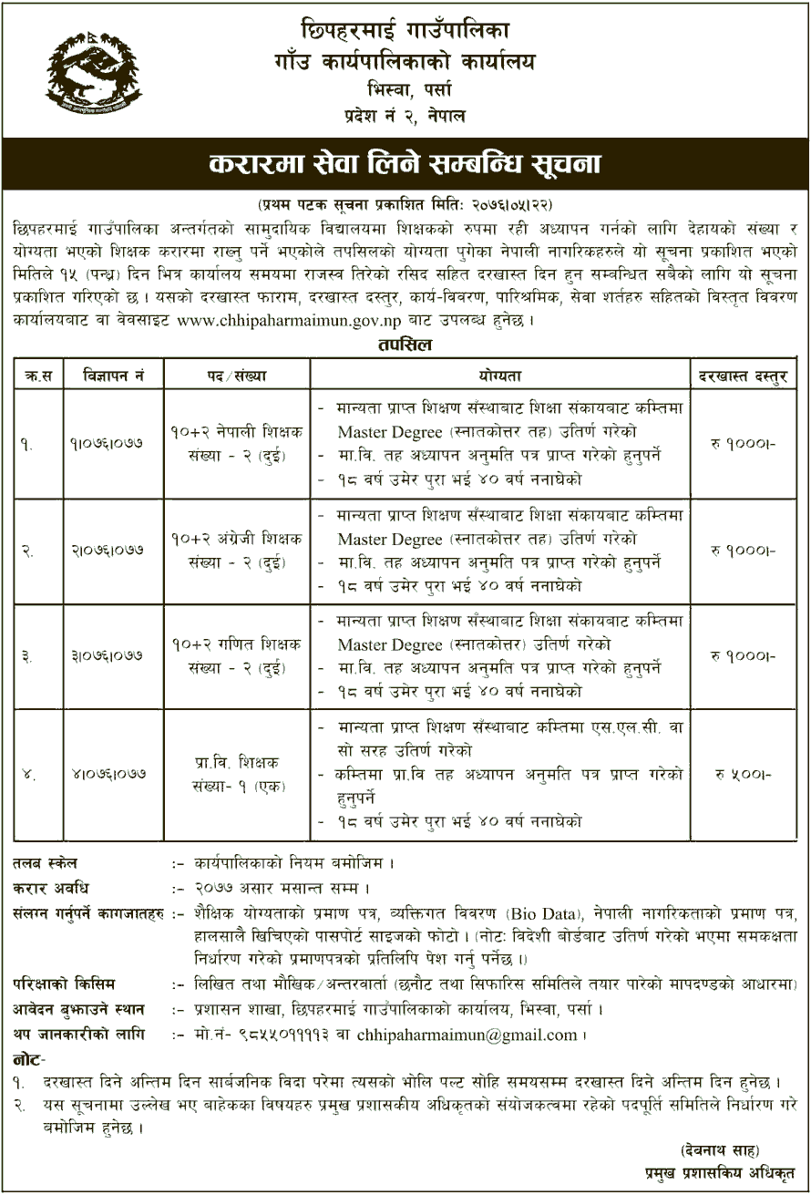 Chhipaharamai Rural Municipality Vacancy for Teachers