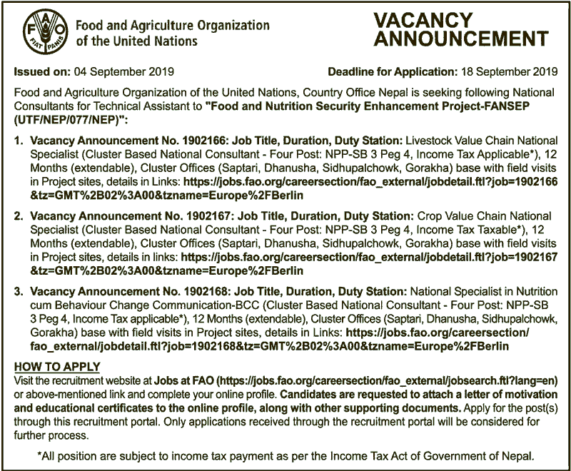 FAO United Nation Job Vacancy for Various Positions