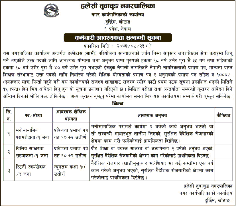 Halesi Tuwachung Municipality Vacancy