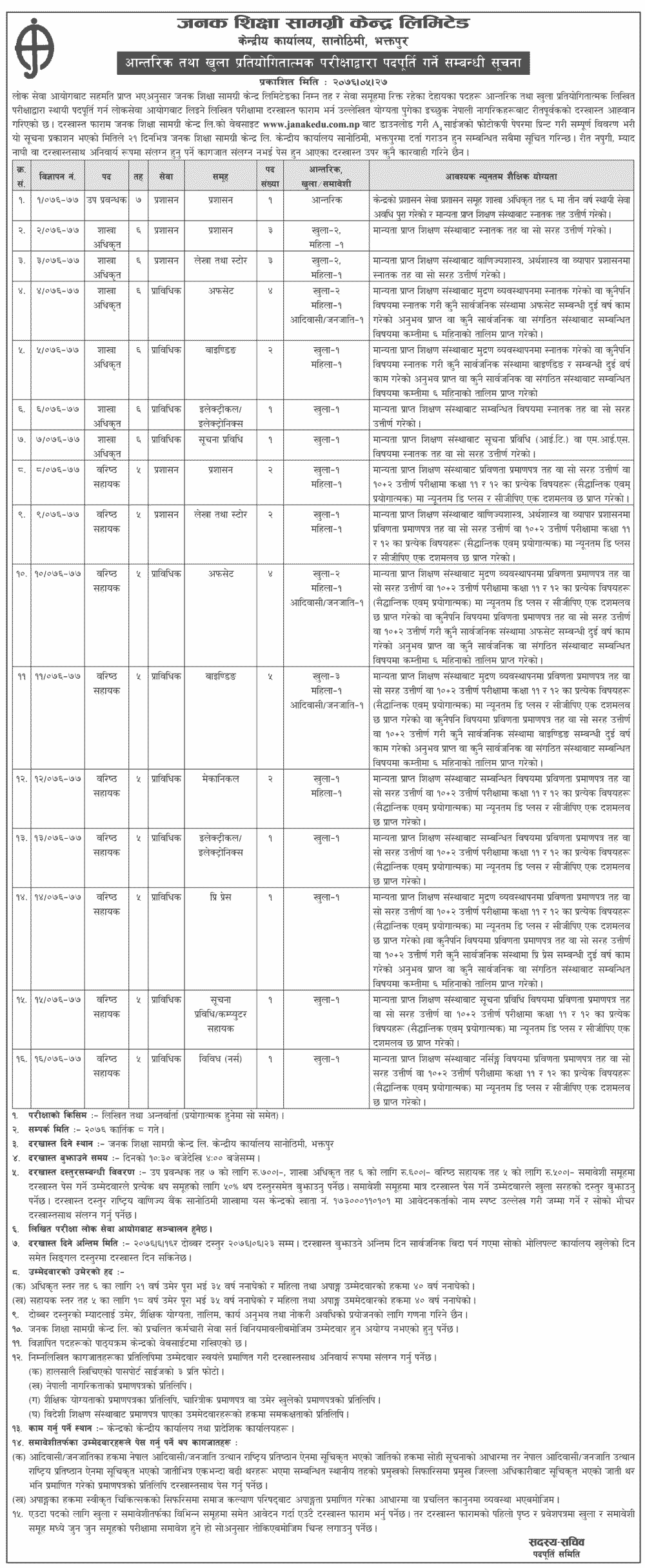 Janak Shiksha Samagri Sasthan Vacancy