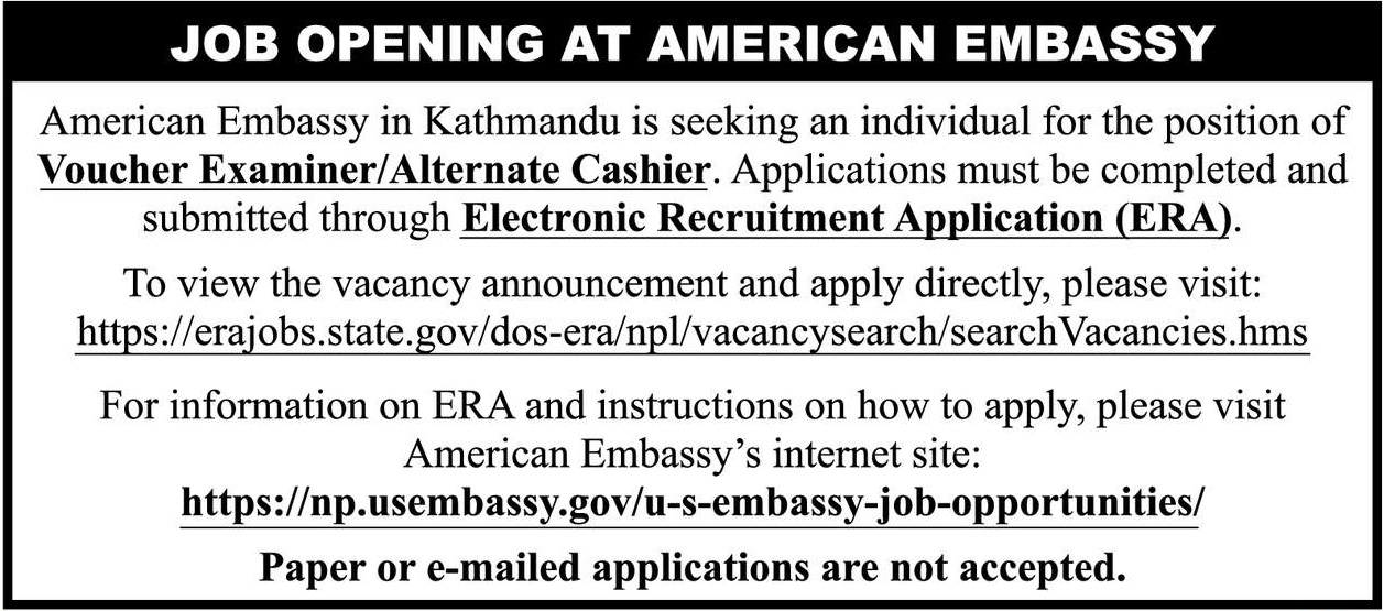 Job Opening at American Embassy for Alternate Cashier
