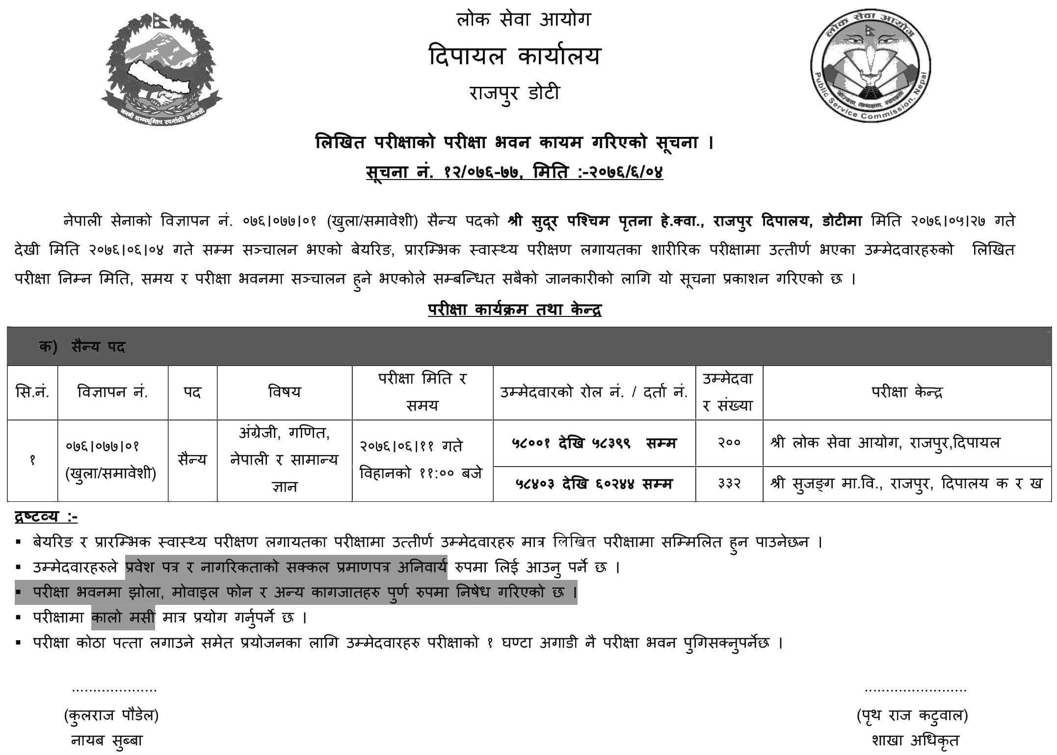 Lok Sewa Aayog Dipayal Published Nepal Army Written Exam Center