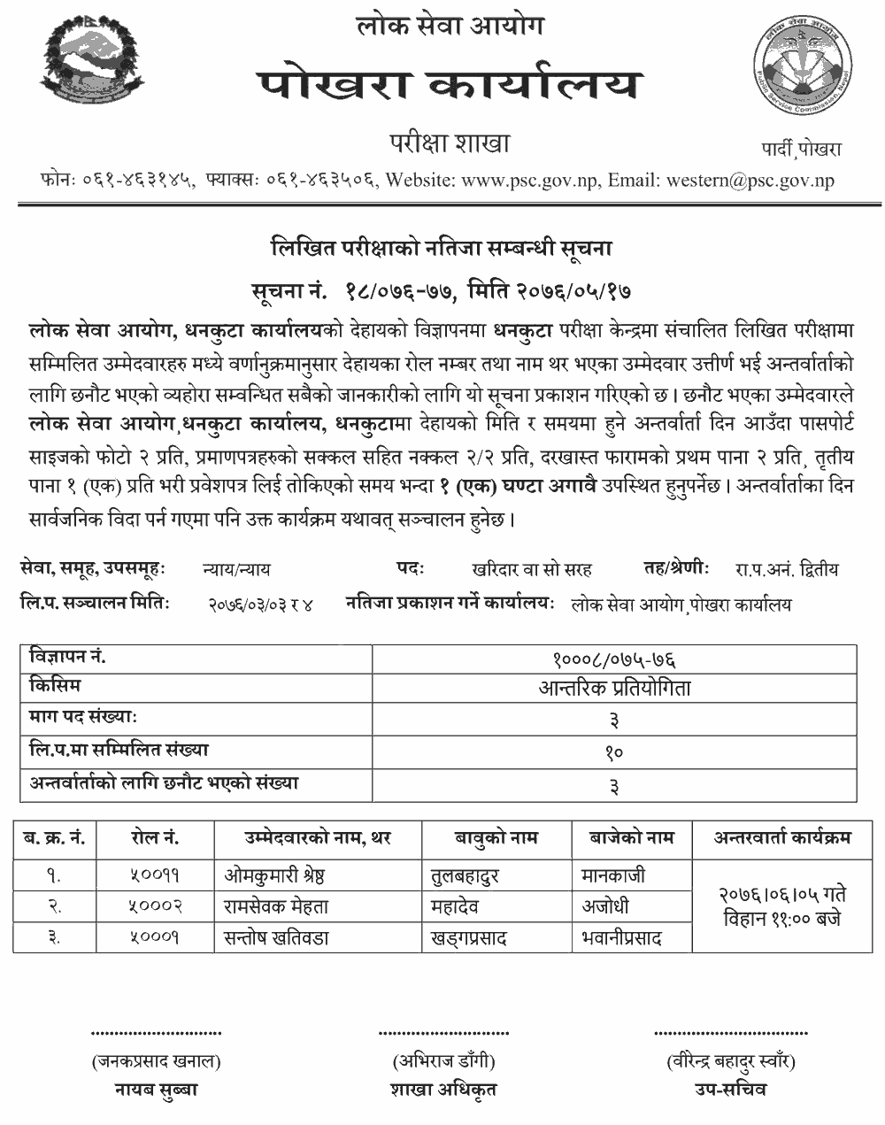 Lok Sewa Aayog Kharidar Written Exam Result - Dhankuta