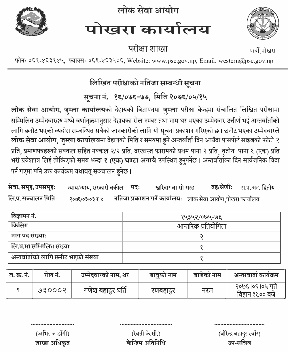 Lok Sewa Aayog Written Exam Result of Kharidar