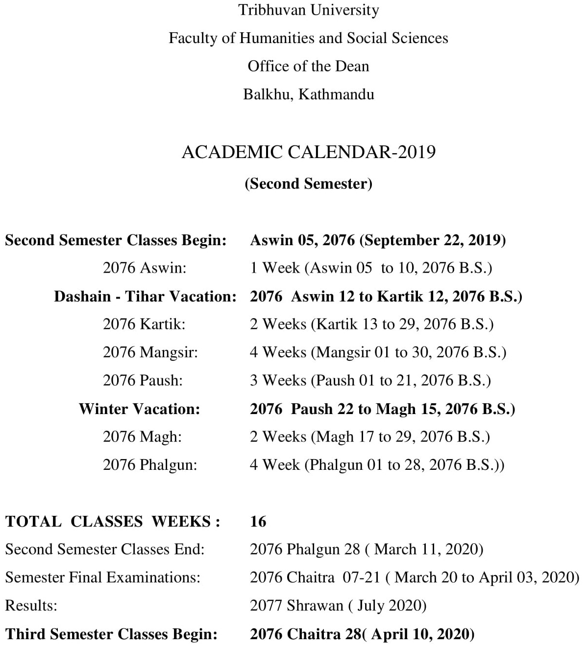 Master of Arts (MA) Academic Calendar of MA 2nd Semester 2019