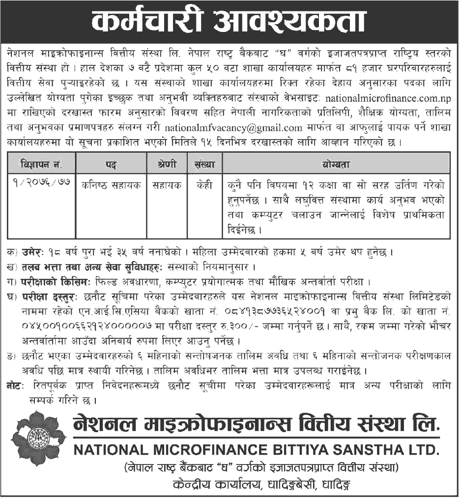 National Microfinance Bittiya Sanstha Limited Vacancy