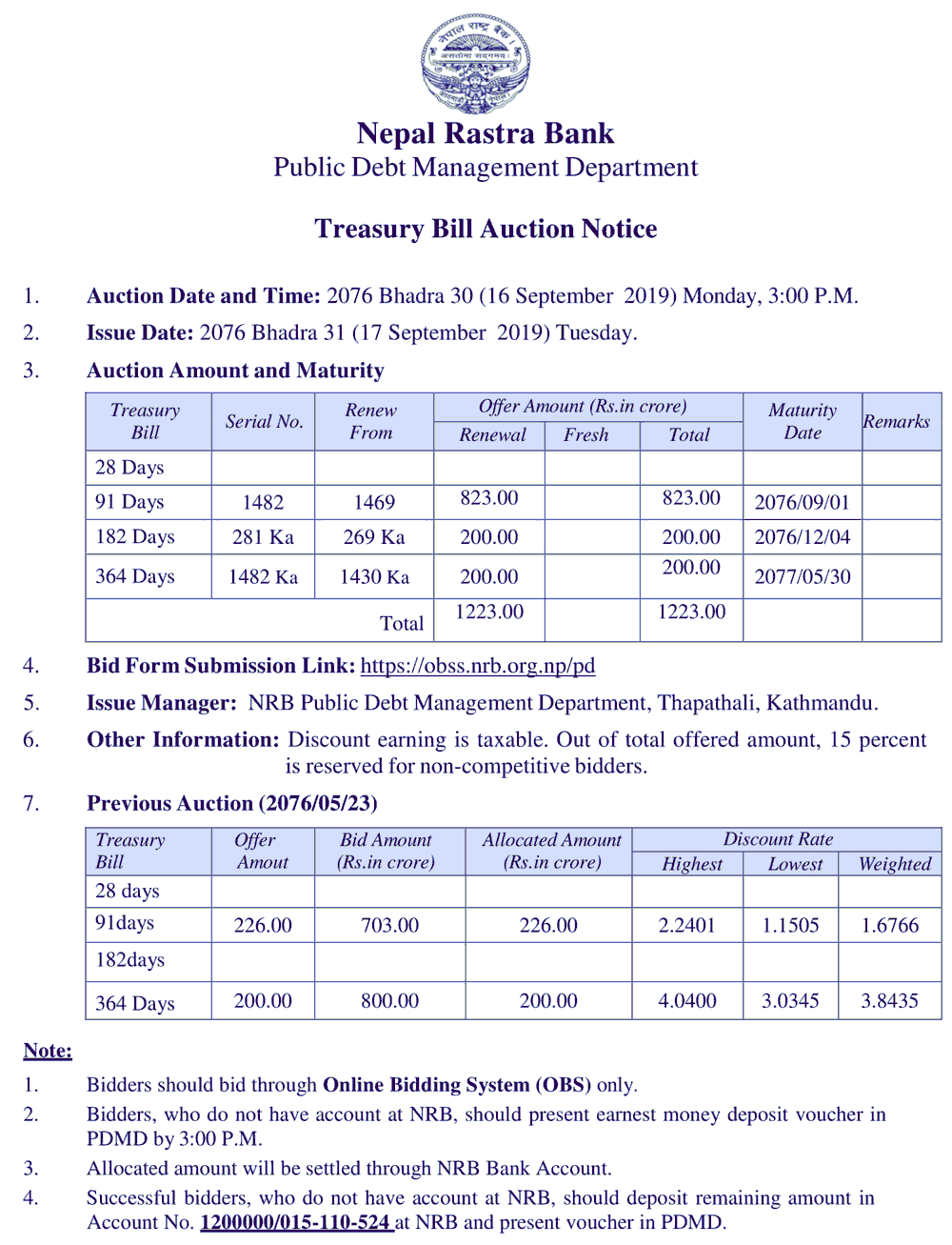 Nepal Rastra Bank Treasury Bill Auction Notice