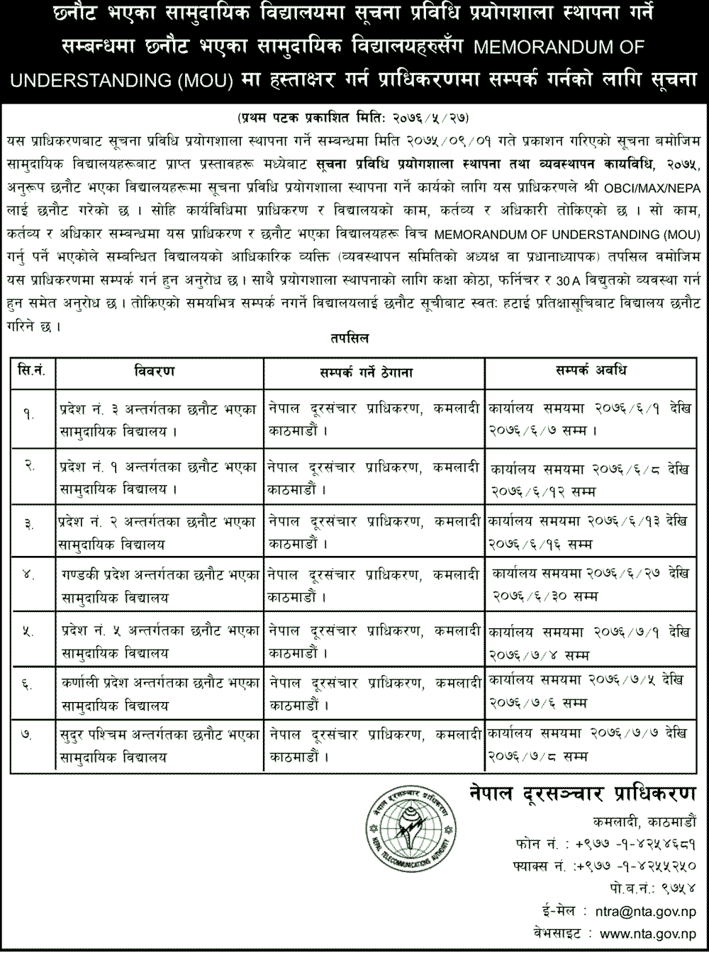 Notice Regarding MOU for IT Lab in Selected Community Schools