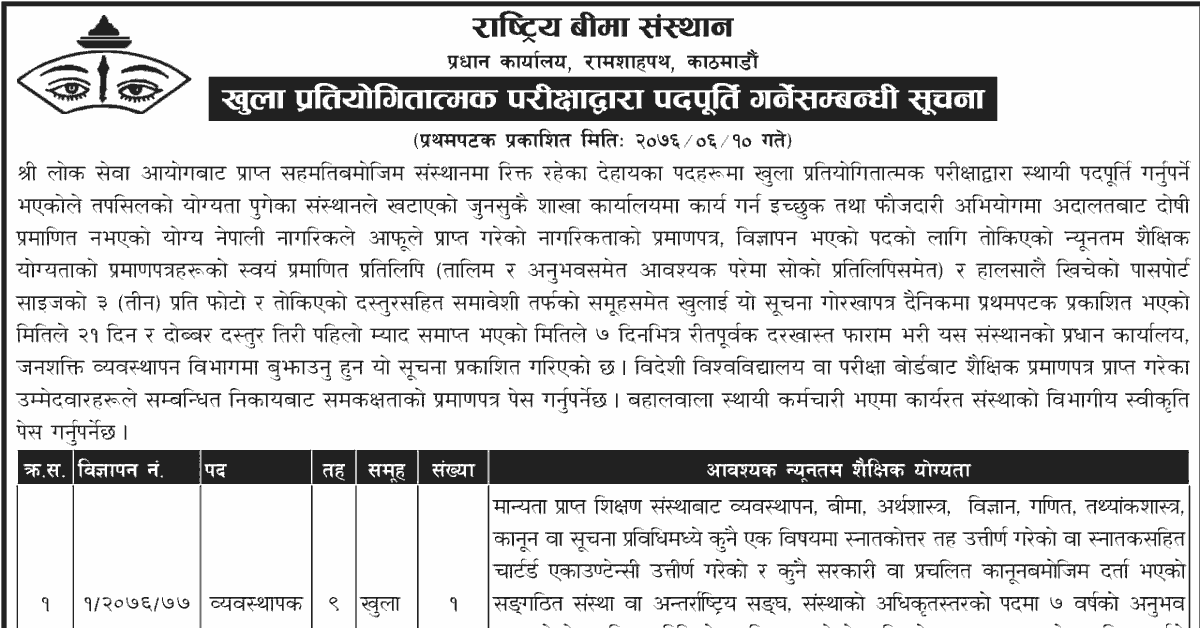 Rastriya Beema Sansthan Vacancy Through Open Competition