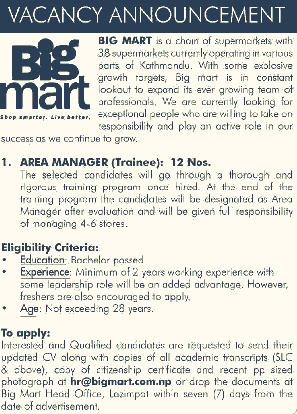 Big Mart Vacancy for Area Manager Trainee