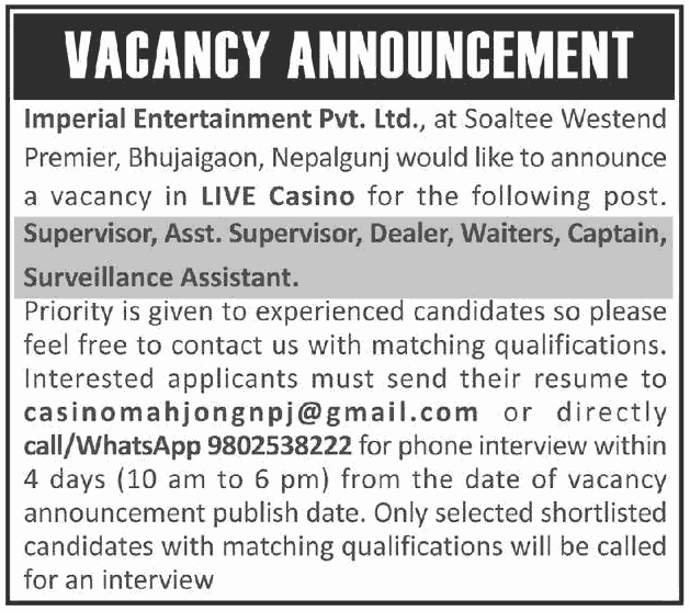 Imperial Entertainment Job Vacancy for Various Positions