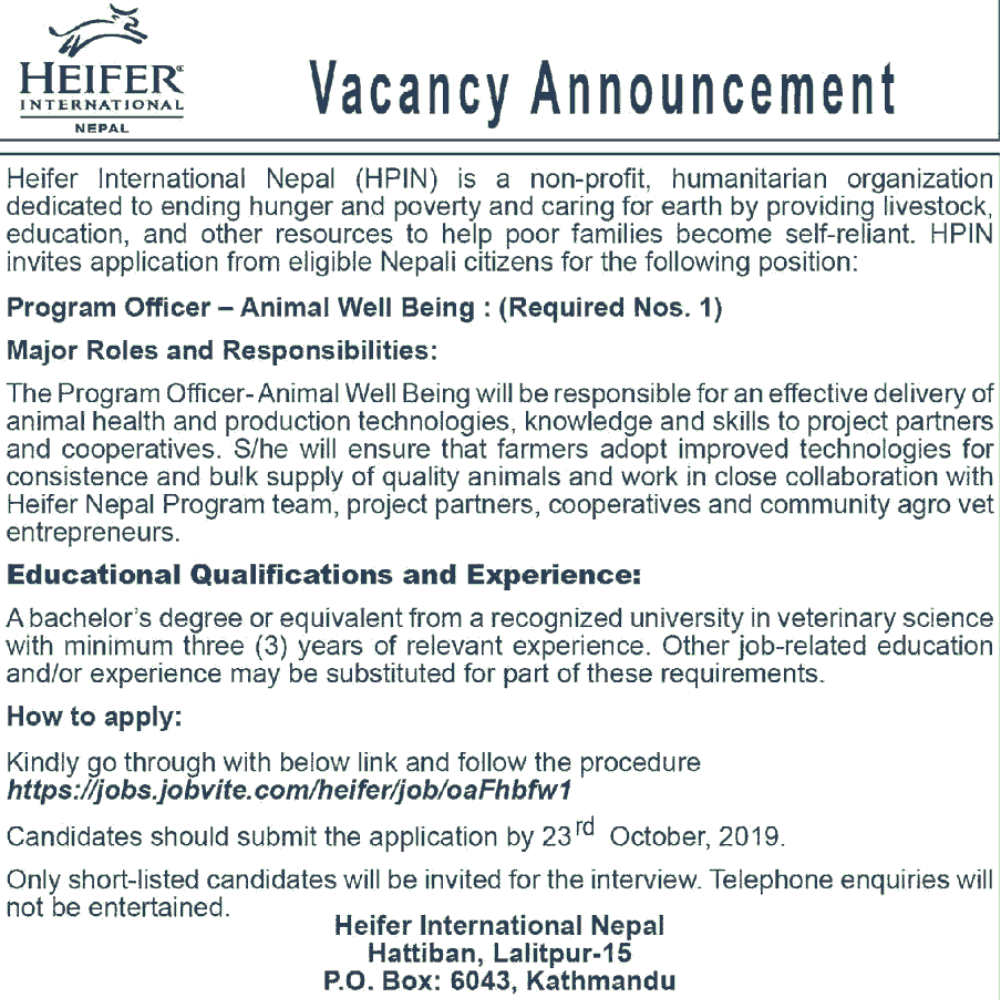 Job Vacancy Announcement from Heifer International Nepal