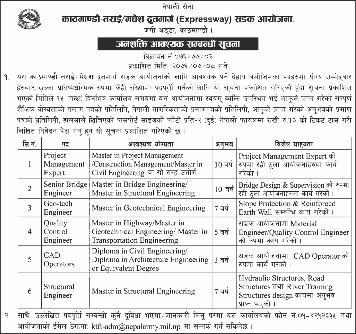 Kathmandu-Terai  Madhesh Expressway Road Project Vacancy