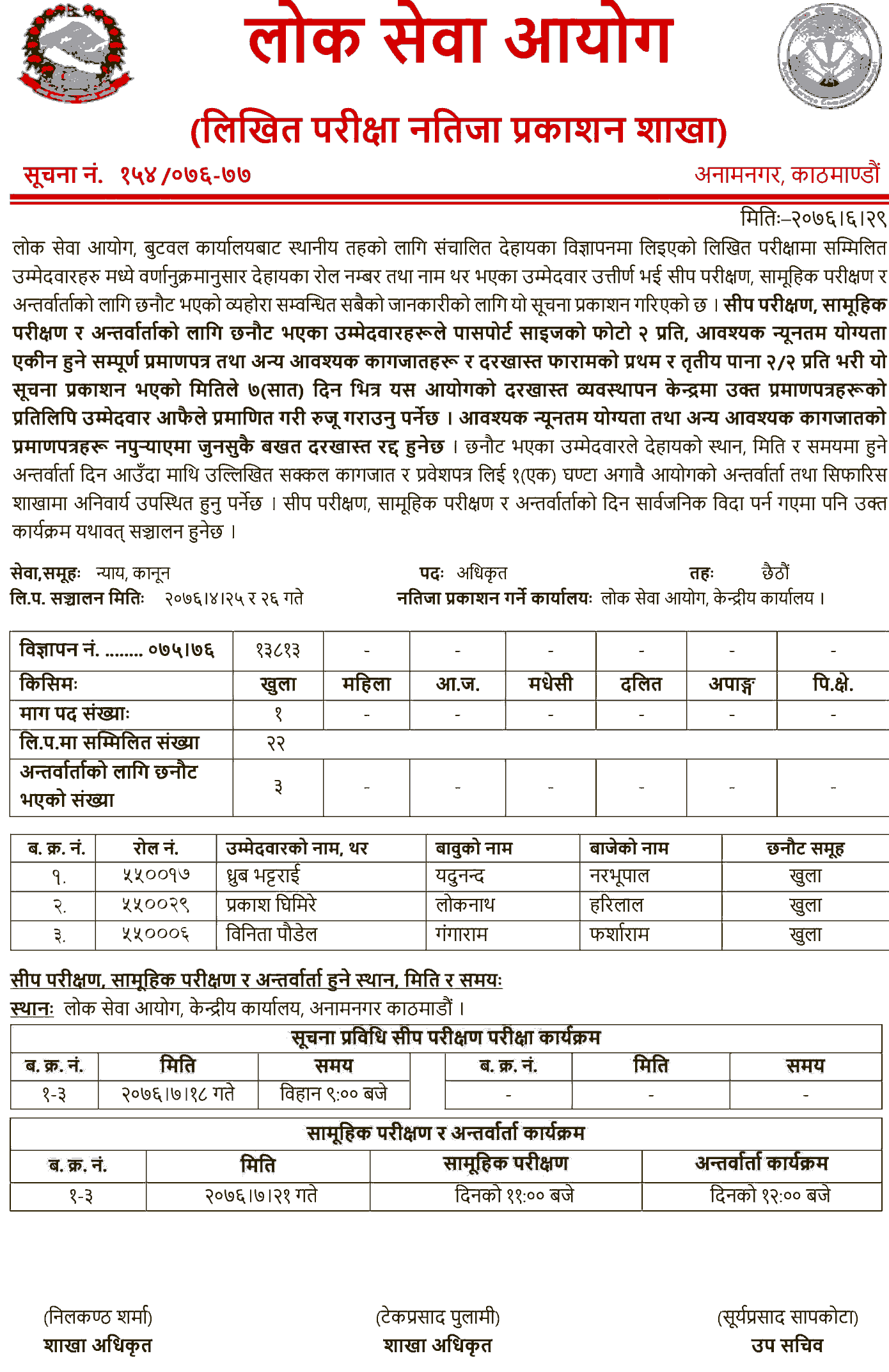 Lok Sewa Aayog Published Written Exam Result of Officer Level - Butwal