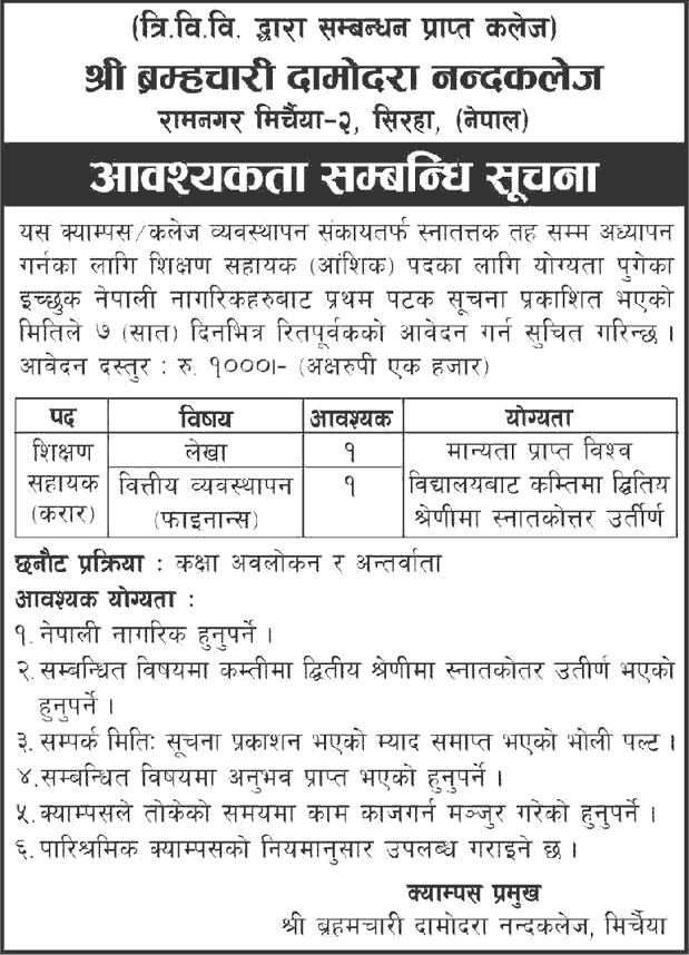 Brahmachari Damodara Nanda College Vacancy