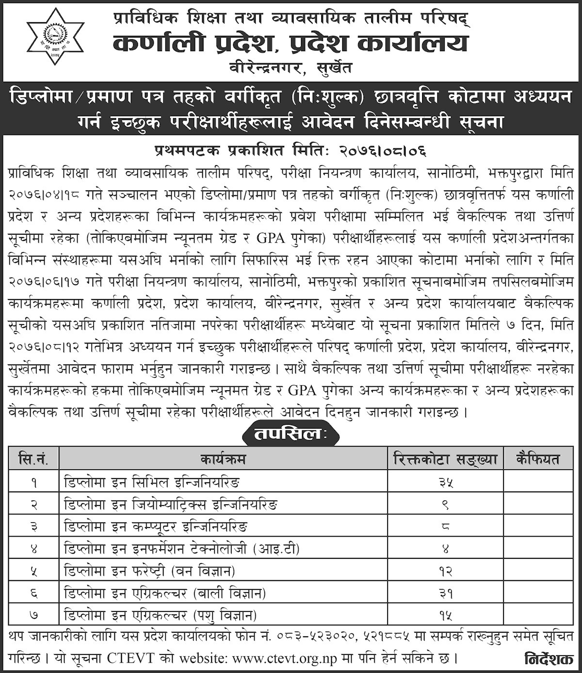 CTEVT Karnali Province Diploma Level Admission With Free Scholarship Quota