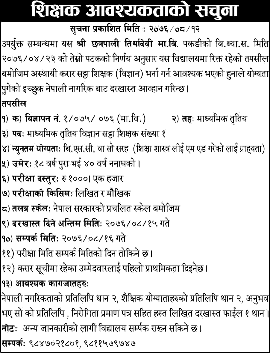 Chhatrapali Tirtha Devi Secondary School Vacancy for Teacher