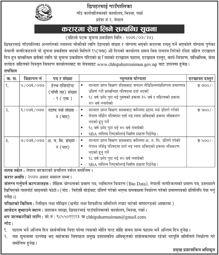 Chhipaharamai Gaupalika Vacancy for Health Services