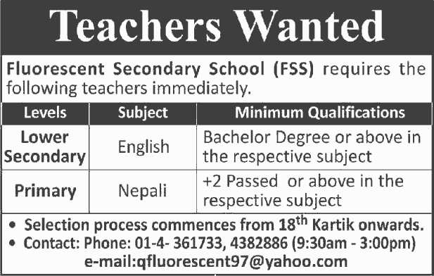 Fluorescent Secondary School vacancy for Teachers