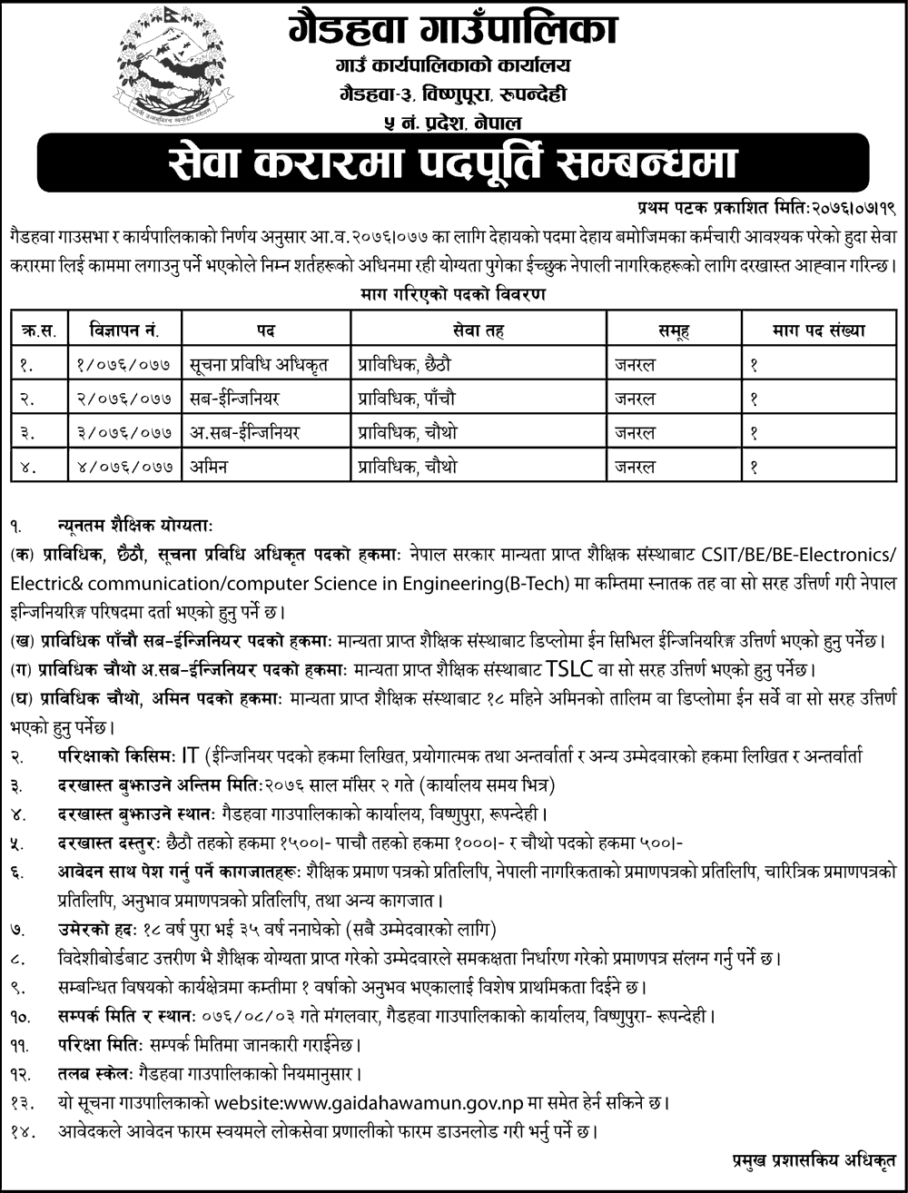 Gaidahawa Rural Municipality Vacancy Notice