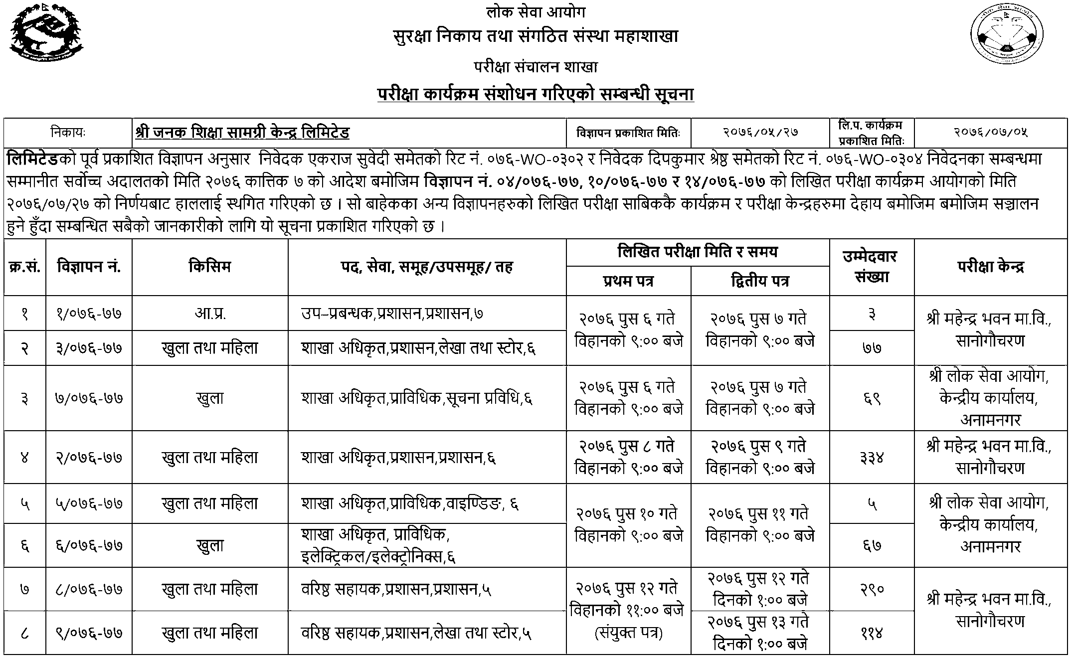 Janak Shiksha Samagri Kendra Limited Revised Written Exam Schedule