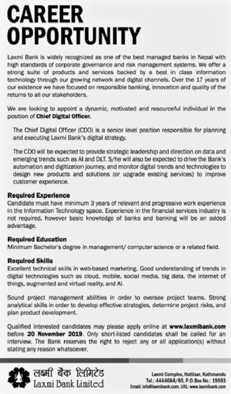 Laxmi Bank Limited Vacancy for Chief Distal Officer Laxmi Bank Limited Vacancy for Chief Distal Officer