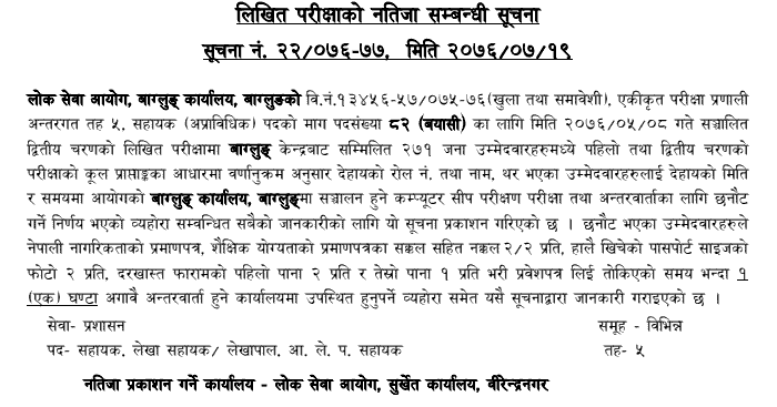 Lok Sewa Aayog Baglung Local Level Written Exam Result of 5 Level Assistant