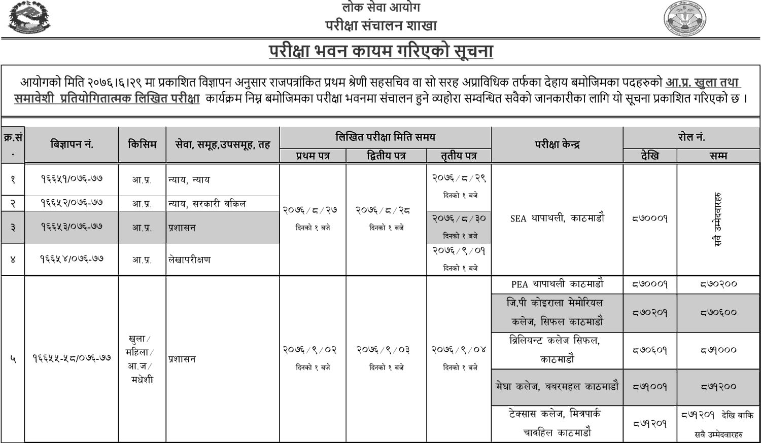 Lok Sewa Aayog Exam Schedule of First Class Joint Secretary