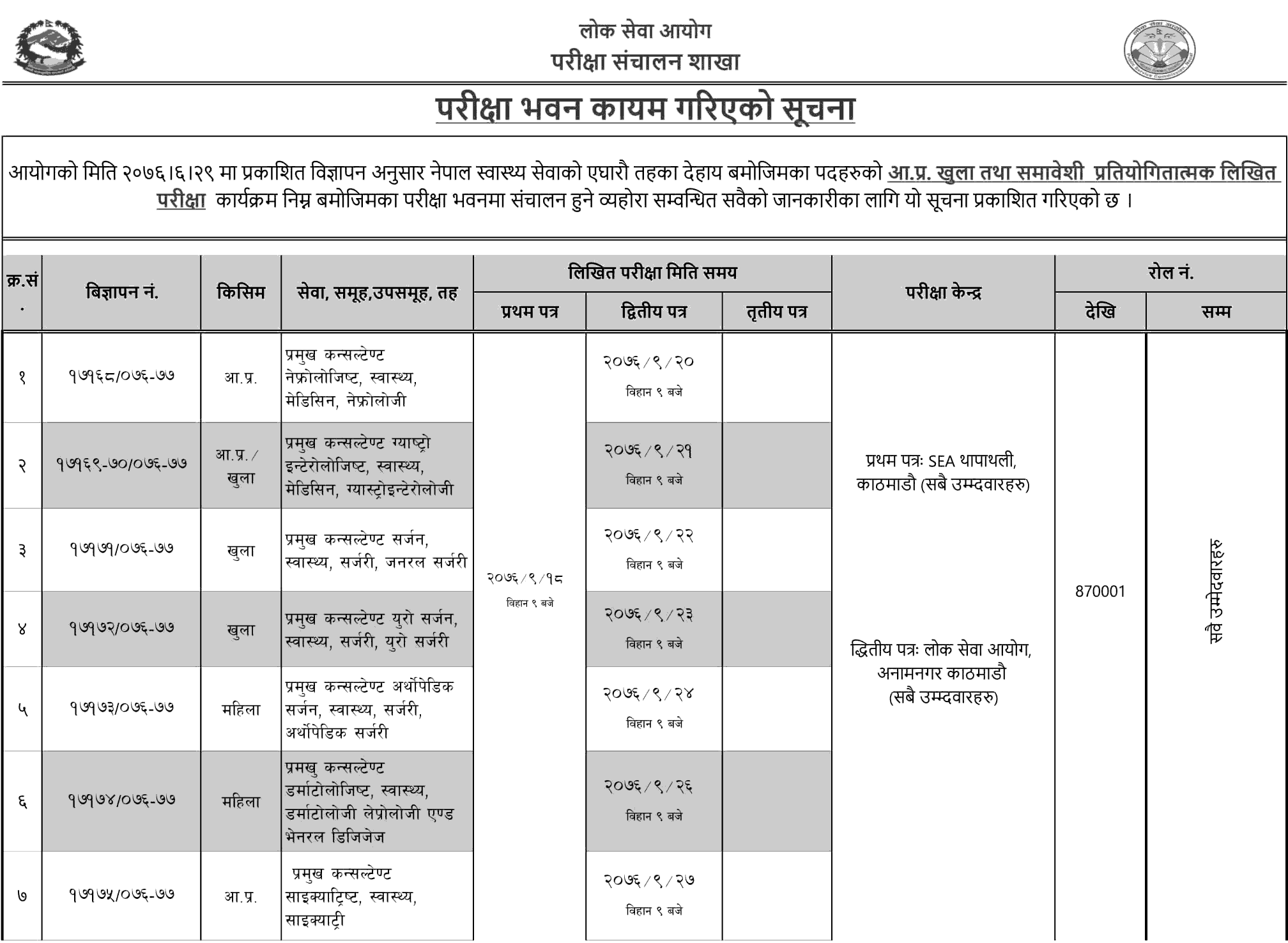 Lok Sewa Aayog Published Exam Schedule and Exam Center of Nepal Health ServiceLevel 11
