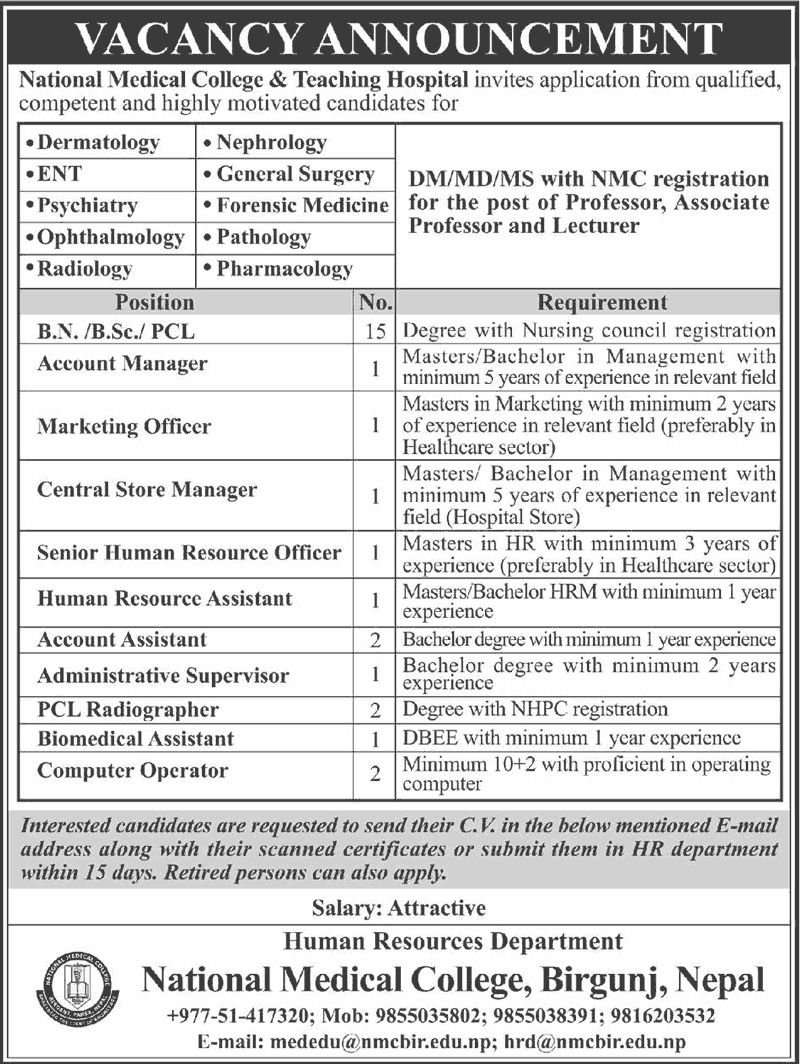 National Medical College, Birgunj Vacancy for Various Positions