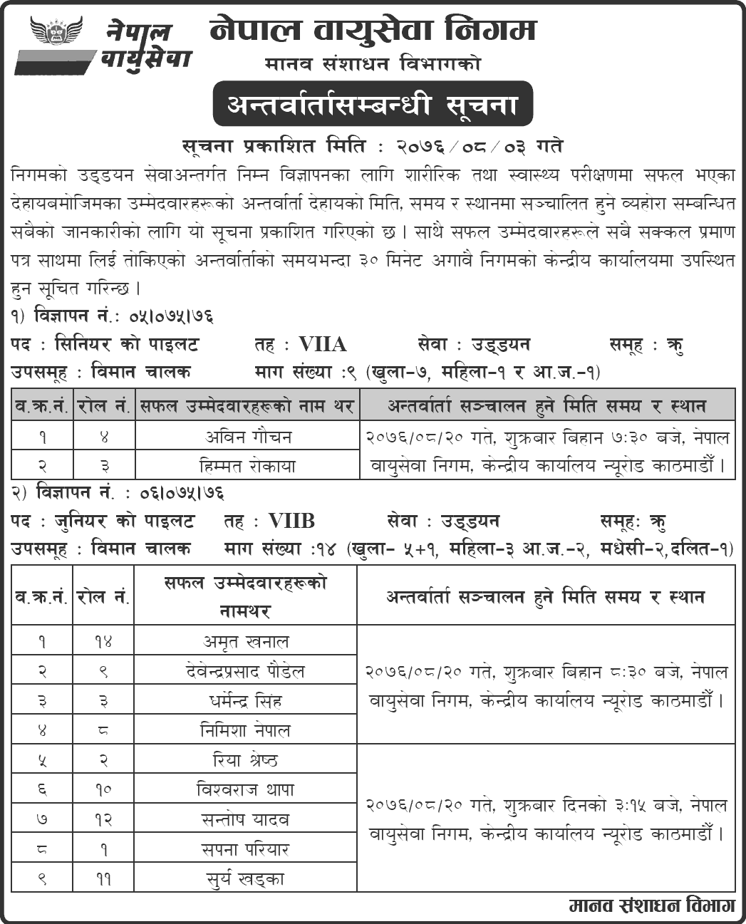 Nepal Airlines Corporation Notice for Interview