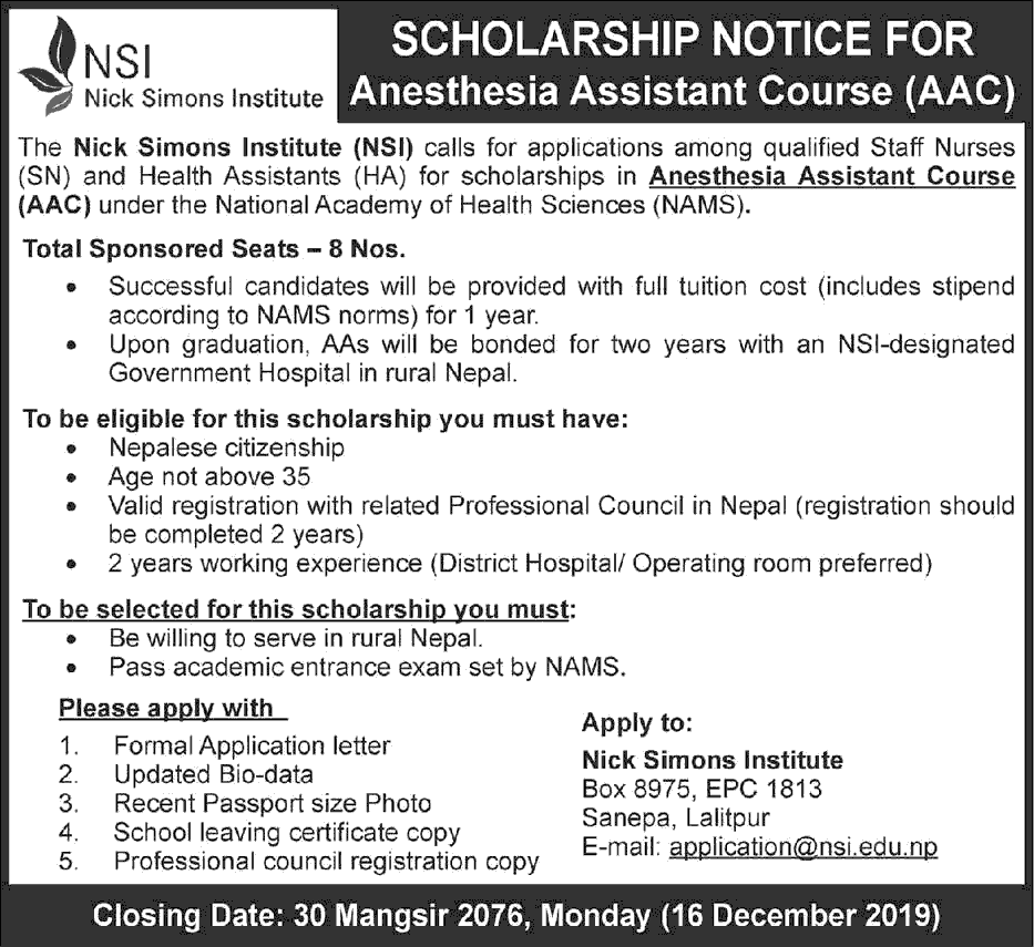 Nick Simons Institute Scholarship Notice for Anesthesia Assistant Course