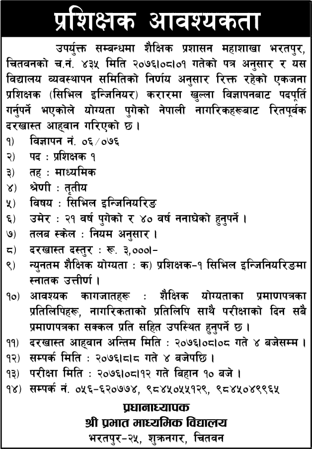 Prabhat Secondary School Bharatpur Vacancy for Teacher