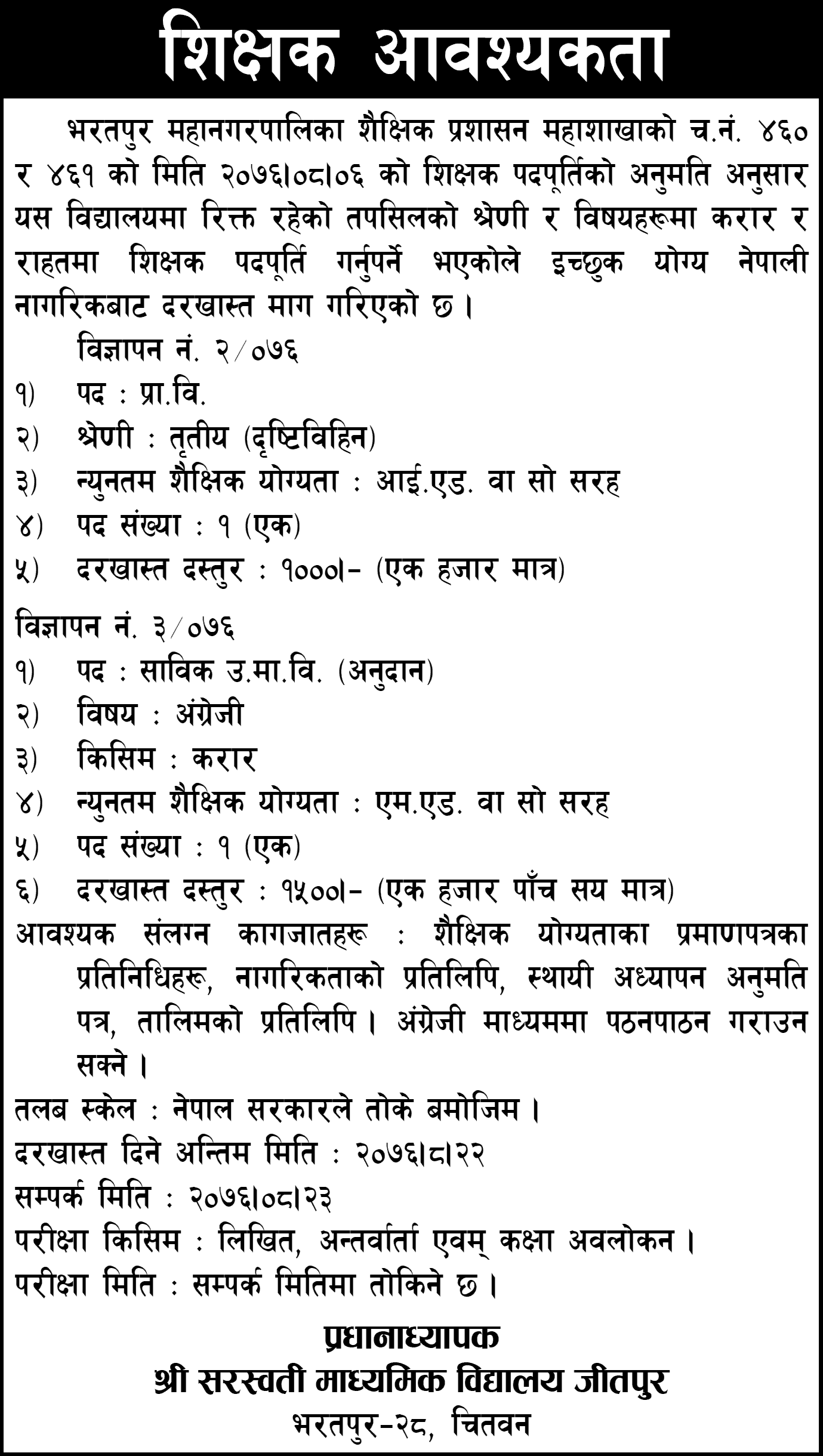 Saraswati Secondary School, Jeetpur Vacancy for Teachers