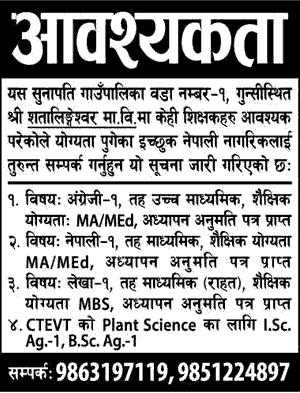 Shatalingeshwar Secondary School Vacancy for Teachers