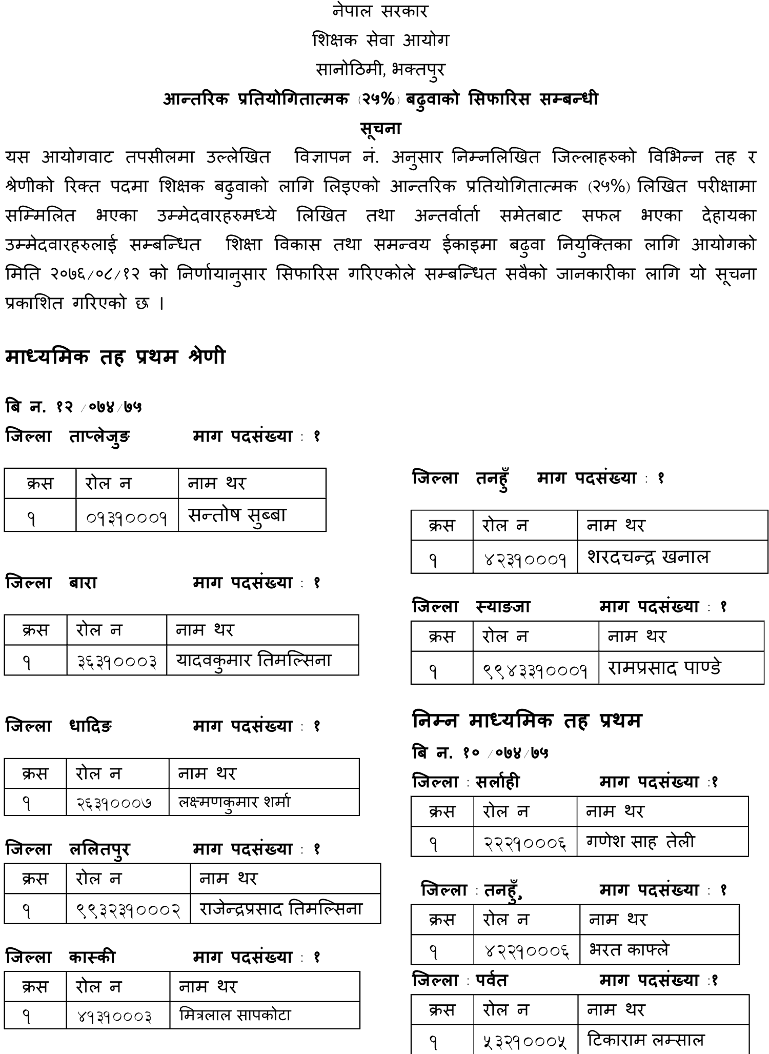 TSC Notice Regarding Internal Competitive Promotion