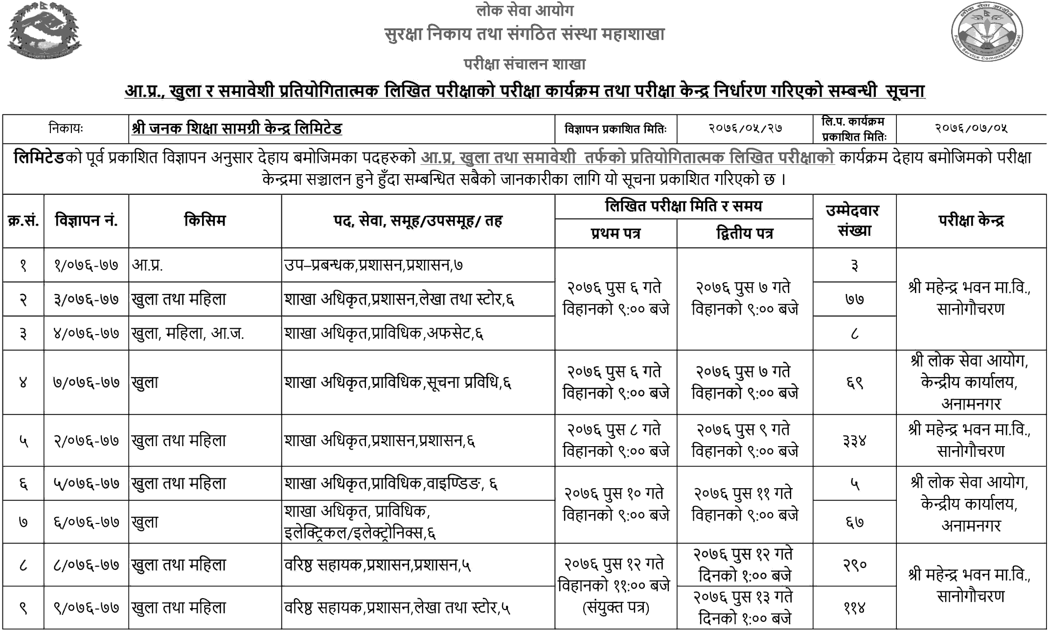 Written Exam Schedule of Janak Shiksha Samagri Kendra