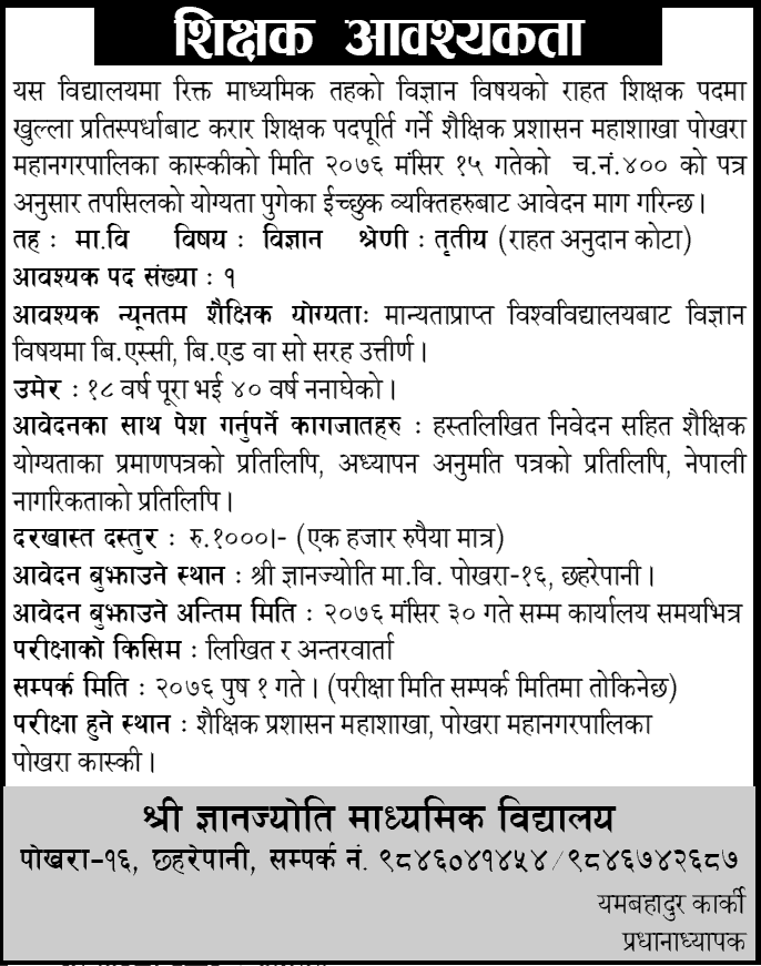 Gyanjyoti Secondary School Vacancy for Teacher