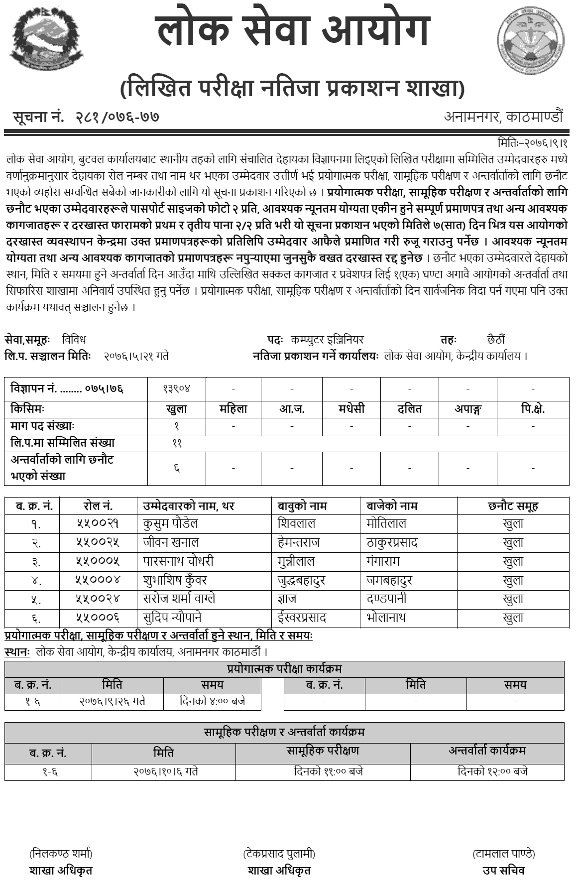 Lok Sewa Aayog Butwal Local Level Computer Engineering Written Exam Result