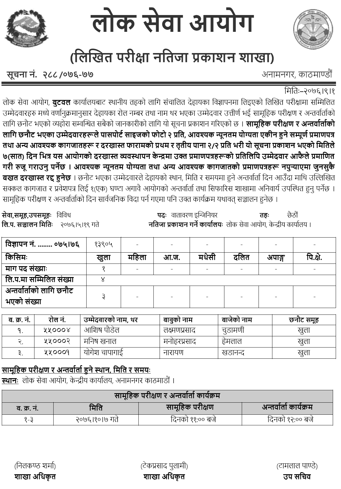 Lok Sewa Aayog Butwal Local Level Environment Engineer Written Exam Result