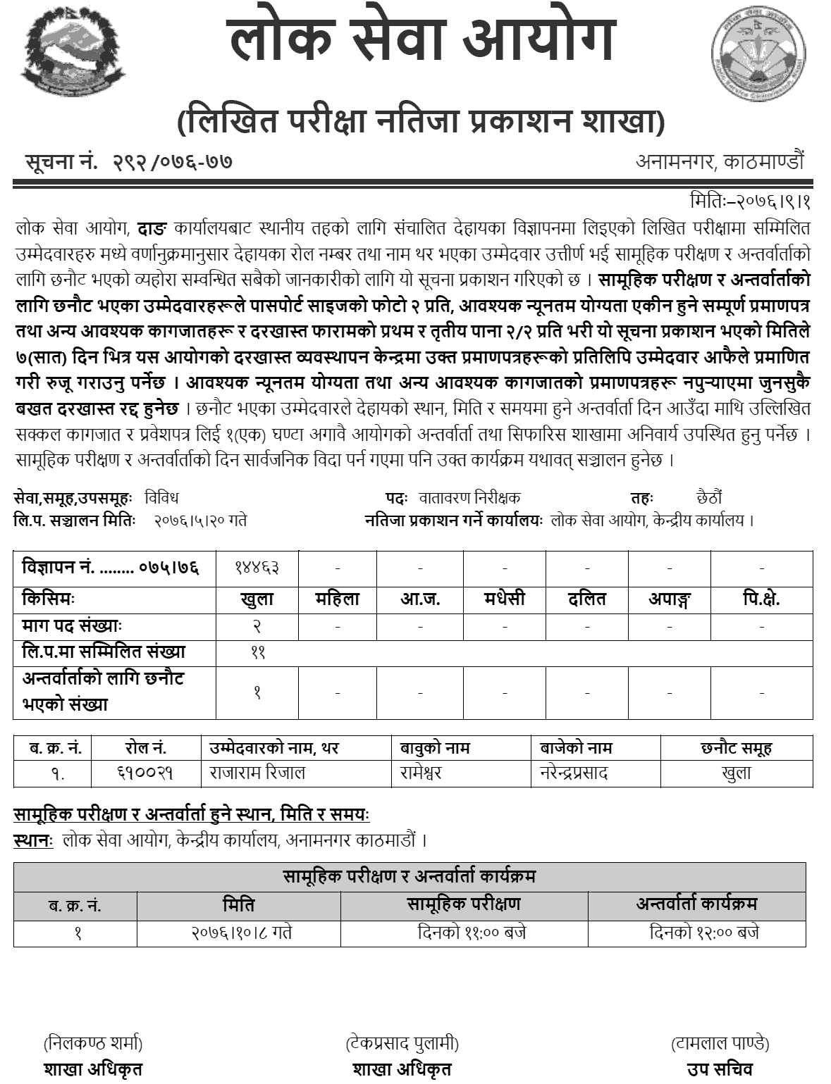 Lok Sewa Aayog Dang Local Level Environment Inspector Written Exam Result