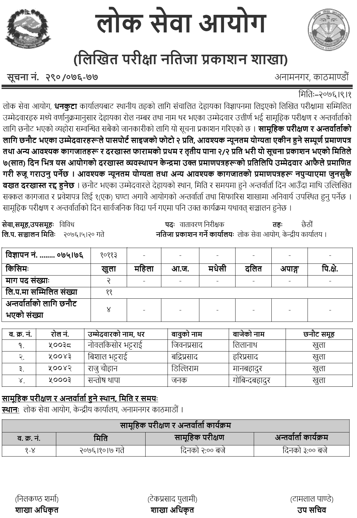 Lok Sewa Aayog Dhankuta Local Level Environment Inspector Written Exam Result