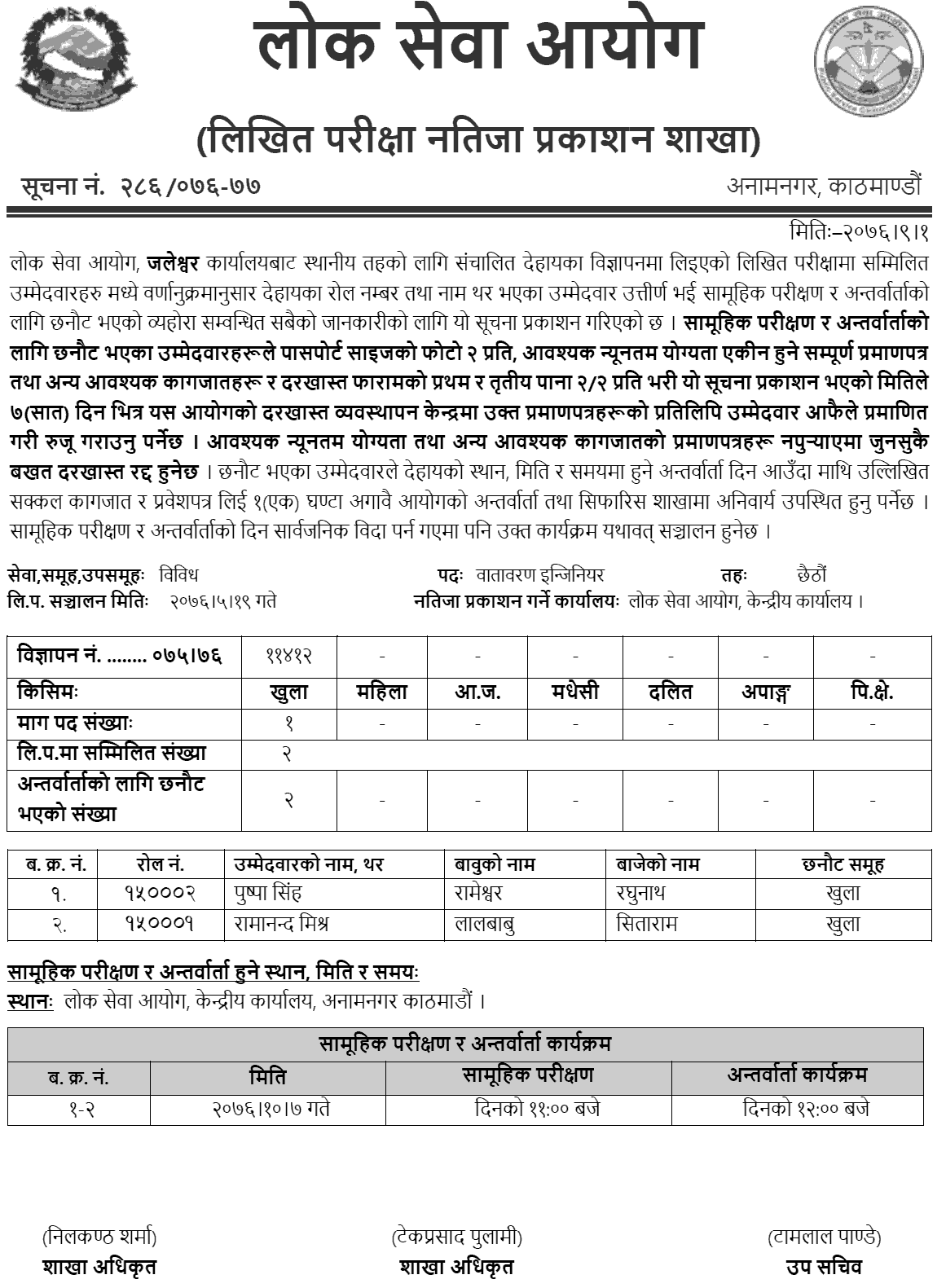 Lok Sewa Aayog Jaleshwor Local Level Environment Engineer Written Exam Result