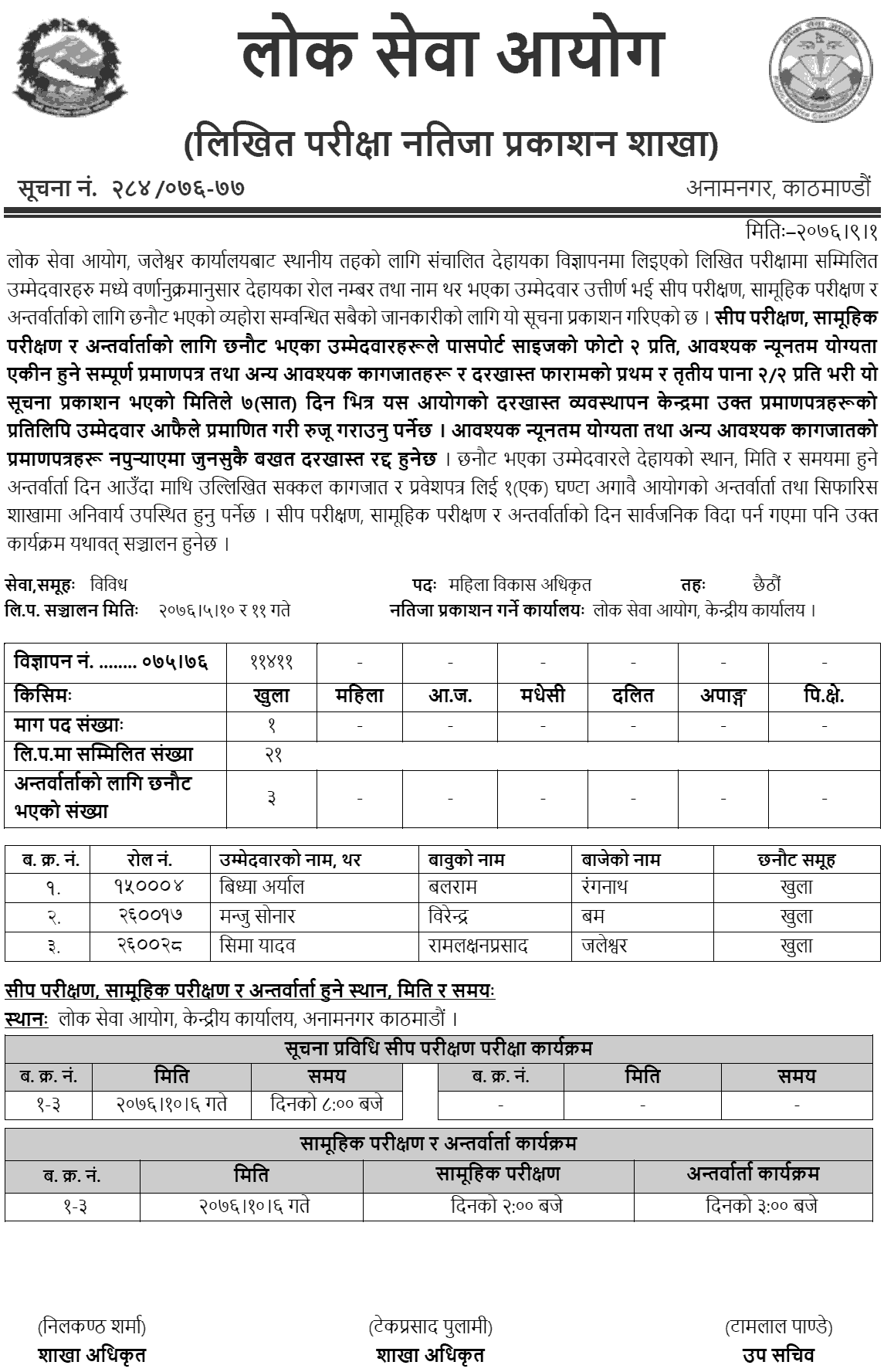 Lok Sewa Aayog Jaleshwor Local Level Mahila Bikas Officer Written Exam Result