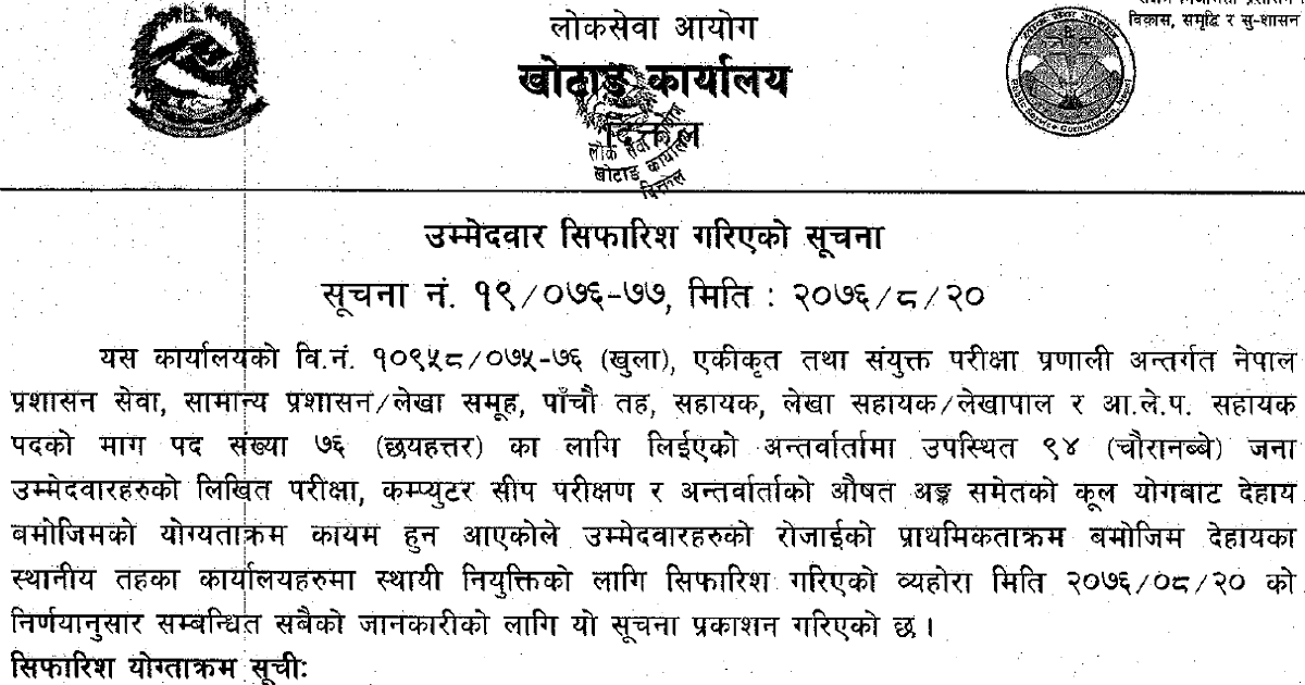 Lok Sewa Aayog Khotang Local Level 5th Admin Final Result and Recommendations