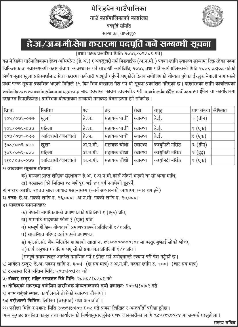 Meringden Gaupalika Vacancy for Health Services